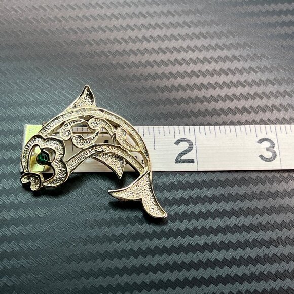 Vintage Gerrys Fish Brooch Pin Green Rhinestone Eye Accents Silver Tone MCM - Picture 7 of 7